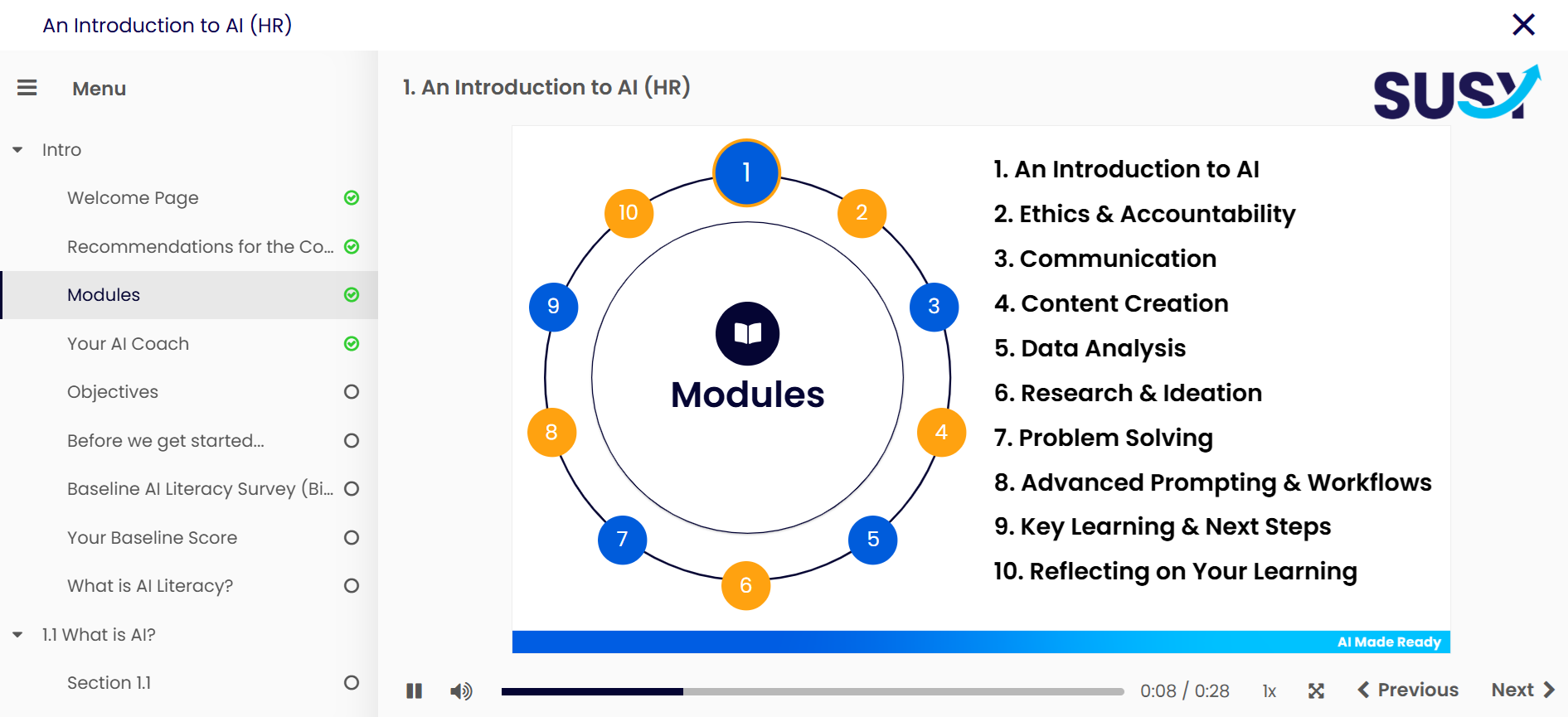 SUSY platform showing the ten learning modules in a learner's pathway