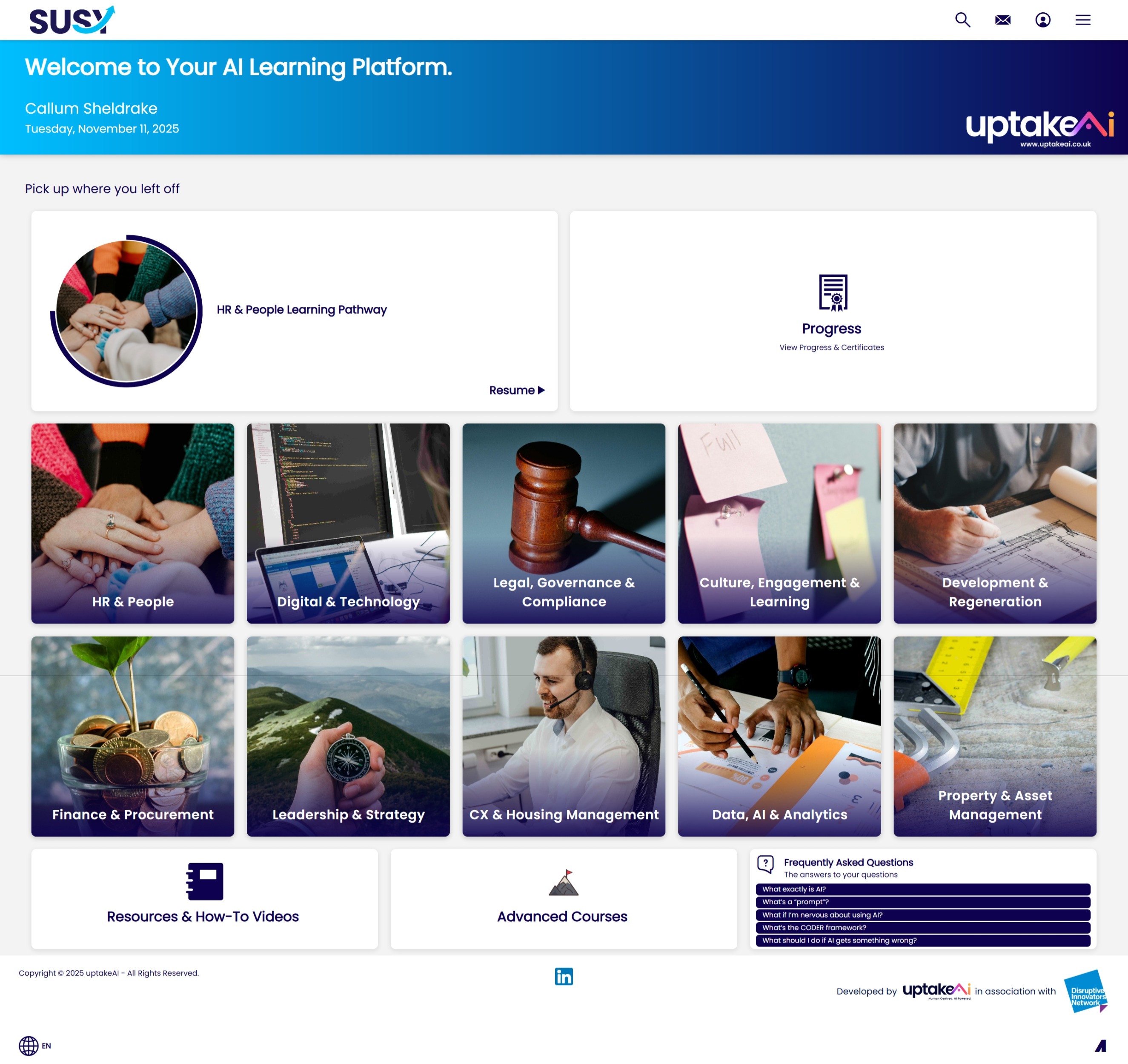 SUSY branded portal showing the learning interface and FAQ section